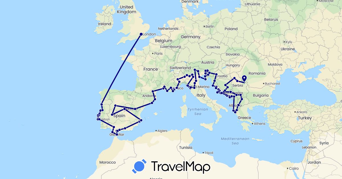 TravelMap itinerary: driving in Albania, Bosnia and Herzegovina, Spain, France, United Kingdom, Gibraltar, Croatia, Italy, Monaco, Montenegro, Macedonia, Portugal, Serbia, Slovenia, Kosovo (Europe)